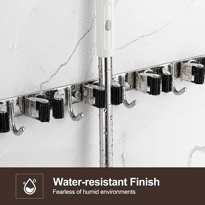 2 Pack Broom Holder Wall Mount, Stainless Steel Broom Hanger Wall Mount, Heavy Duty Mop and Broom Holder Tool Racks Utility Hooks for Laundry Room Garden Garage, Grey (5 Racks and 4 Hooks)