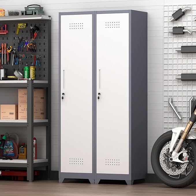 GREATMEET Slim Metal Utility Cleaning Storage Cabinet with Single Door, Narrow Tool Organizer for Brooms, Mops & Cleaning Supplies, Garage & Laundry Room Use, Grey White