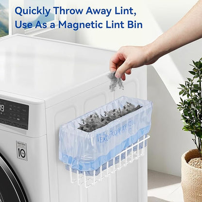 Laundry Room Organization and Storage Magnetic Dryer Ball Holder with Magnetic Hanger Holder, Magnetic Lint Bin for Washer Dryer, Iron Basket Dryer Ball Container, Magnetic Laundry Organizer (White)