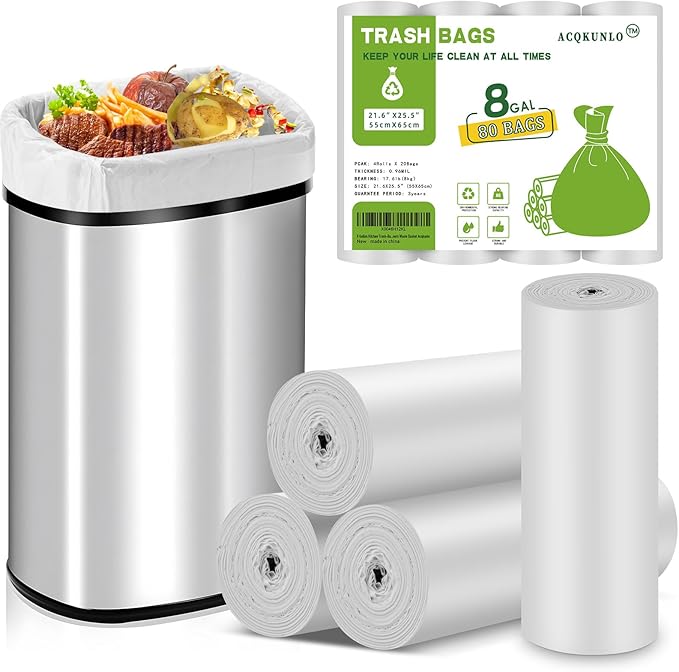 8 Gallon Kitchen Trash-Bags Biodegradable-Garbage-Bag Unscented - Compostable Large White 80 Count Recycling Thick Big Gal Medium Outdoor Tall Can Liners Waste Basket Acqkunlo
