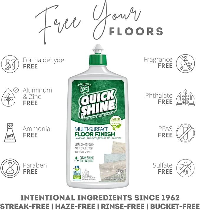 Quick Shine Multi-Surface Floor Finish-Polish 27oz-2pk | Safer Choice, No PFAS, pH Neutral Clean Shine Technology | Squirt & Spread | For Wood, Laminate, LVP, LVT, Tile & Stone | Made in USA