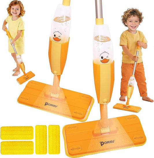 2PACK Kids Mops-Real Spray, No Batteries| Compatible with Disaposable Duster| Montessori Toys for Toddlers Age 2-5 Year Old, Kitchen Cleaning Set Gifts for Boys Girls (4 Microfiber Pads)