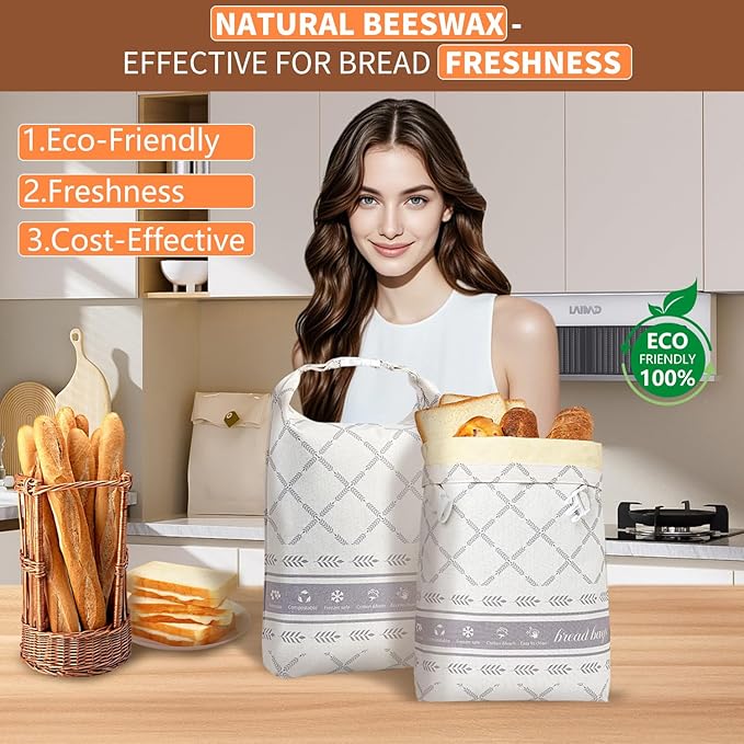 Reusable Beeswax Bread Bags for Sourdough, XL Capacity Upgrade Food Storage Bag, 100% Natural Cotton and Beeswax, Keep Freshness for Homemade Bread, Portable sourdough bread bags, 2 Pack | Freezer Safe