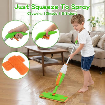 Toddler Spray Mop - Fun & Educational Montessori Housekeeping Toys Mini Size Cleaning Set Includes Kids Mop with Real Water Sprayer Washable Microfiber Pads & Scraper