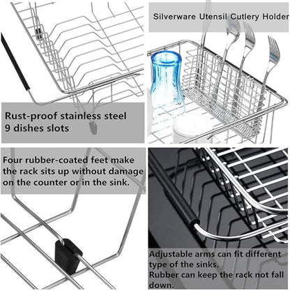 SANNO Large Expandable Dish Drying Rack Dish Rack Drainer with Stainless Steel Utensil Holder Over The Sink Dish Drainer Dish Rack in Sink On Counter