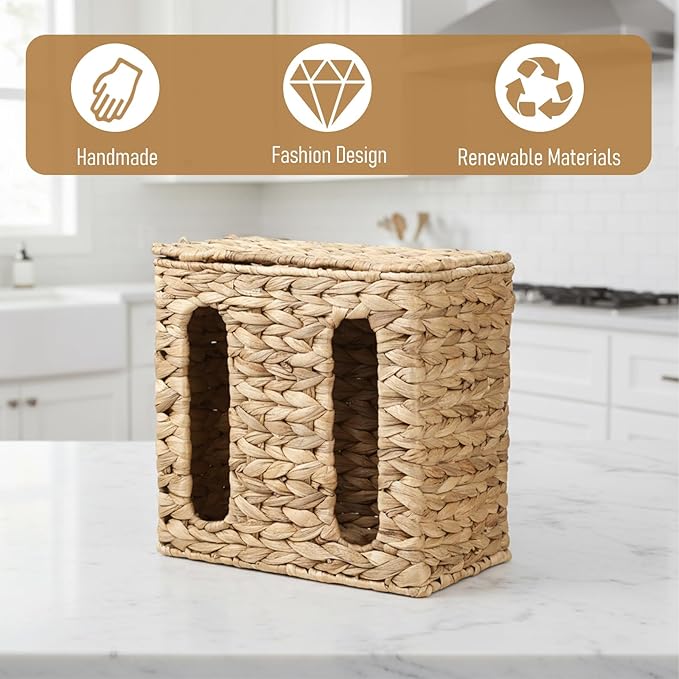 Garbage Bag Dispenser with Lid Plastic Trash Bag Holder Under Sink Storage Organizers Wall Mount Water Hyacinth Grocery Bags Holder for Kitchen, Cabinet, Countertop