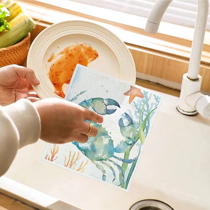 Ocean Turtle Fish Swedish Dishcloths for Kitchen, 4 Pack Ocean Summer Gifts Swedish Dish Cloths Towels for Kitchen Bathroom Office Housewarming Gifts, Papaya Reusable Paper Towels Washable