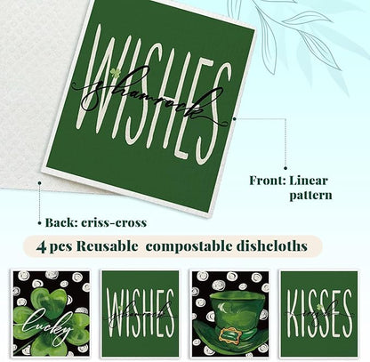 Lucky Wishes Green Swedish Dishcloths for Kitchen, Swedish Dish Cloths for Four-Leaf Clover, 4 Pack Dish Towels for Kitchen, Papaya Reusable Paper Towels Washable