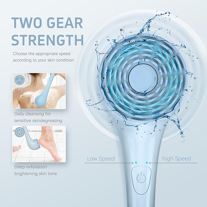ZOFGENOW Electric Body Brush, Waterproof Back Scrubber for Shower with Long Handle and 3 Heads, Rechargeable Exfoliating Brush for Body and Foot, Deep Cleansing Massager, Blue
