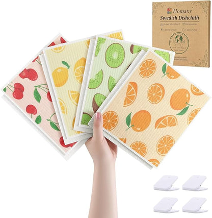 Homaxy Swedish Dishcloths for Kitchen, 8 Pack Fruit Reusable Paper Towels with Clips, Absorbent Cellulose Sponge Dish Cloths for Washing Dishes, Non-Scratch & Odor-Free Dish Rags