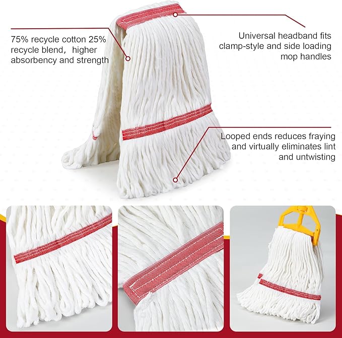 Eccliy 6 Pack Mop Heads Replacement Commercial Industrial Mop Heads Heavy Loop End Cotton String Heavy Duty Refills Wet Washable Refills for Home General Floor Cleaning (White,Red)