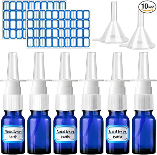 10 Pcs Nasal Spray Bottle, 10ML/0.35OZ 6 Pcs Glass Blue Refillable Fine Mist Nasal Spray Bottles Empty with 2 Pcs Funnels and 2 Pcs Labels