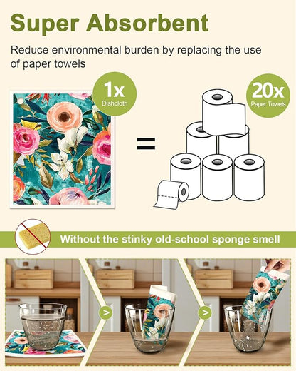 Miss Adola 6 Pack Swedish Dishcloths for Kitchen - Reusable Dish Cloths for Washing Dishes Absorbent Cute Funny Kitchen Towels Cleaning Sponge, Floral Bird