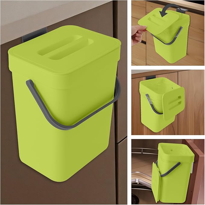 1.3 Gallon/5L Compost bin Kitchen, for use on countertops or Under Sinks, Hanging Trash can with lid, for Cupboard/Bathroom/Bedroom/Office/Camping, Mountable Indoor Compost Bucket(Green)