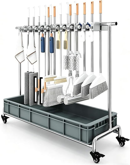 SARKEY Broom Mop Holder Cleaning Supplies Organizer,Rolling Janitor Cart With Wheels,Freestanding Housekeeping Storage For Garage,Garden,Closet,Schools,Hotels(65x42x110cm(25x16x43in))