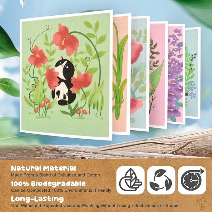 CONLI 6 Pack Swedish Dishcloth Reusable Dish Cleaning Towels Super Absorbent Fast Drying Cloths for Kitchen Cleaning - 6 Assortment Designs (C-Flower CAT)