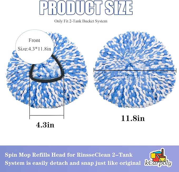 6 Pack Spin Mop Heads Replacements Compatible for O ceda RinseClean 2 Tank System, Microfiber Mop Refills Head for 4.33in Core,Easy to Replace and Deep Cleaning