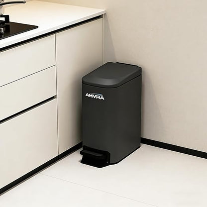 AMVRA Small Bathroom Trash Can with Lid Soft Close, Step Pedal, 6 Liter / 1.6 Gallon Stainless Steel Garbage Can with Removable Inner Bucket, Anti-Fingerprint Finish (Black)