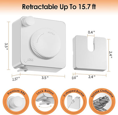 Yejay Retractable Clothesline Indoor, Non-Sagging Clothes Line Retracting Outdoors,Wall Mounted Heavy Duty Clothes Drying Line, Space-Saving Laundry Line for Balcony, Bathroom - 15.7Ft (White)