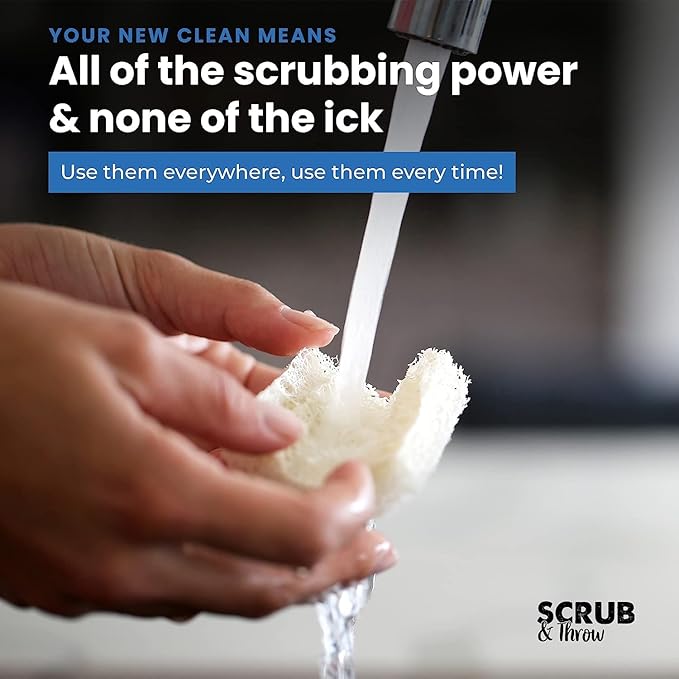 Scrub & Throw Loofah Scrub Sponge, Natural, Plastic-Free, Non-Scratch, for Kitchen, Dishes, Pots and Cleaning, Plant-Based, Plastic-Free, Eco-Friendly, Biodegradable, 30 Pack