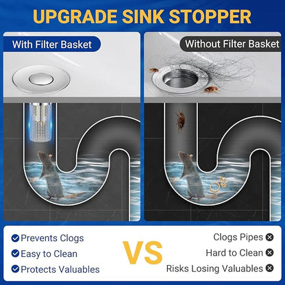 Bathroom Sink Drain Strainer, Pop-Up Bathroom Sink Stopper with Removable Stainless Steel Hair Catcher Basket, Universal Fit for US Bathroom Sinks, Showers & Floor Drains (1pcs)