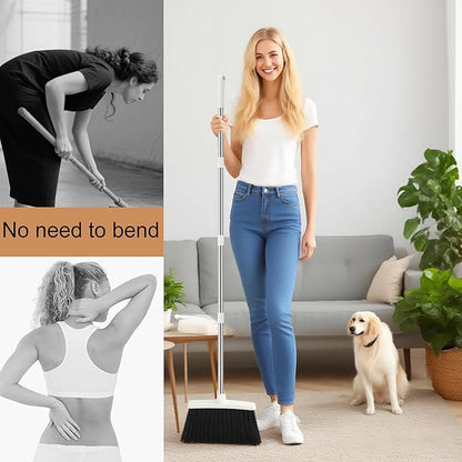 Broom with Dustpan Combo Set, Broom and Dustpan Set for Home Commercial Cleaning Supplies Angle Broom with Long Handle Perfect for Courtyard Garage Street (White)