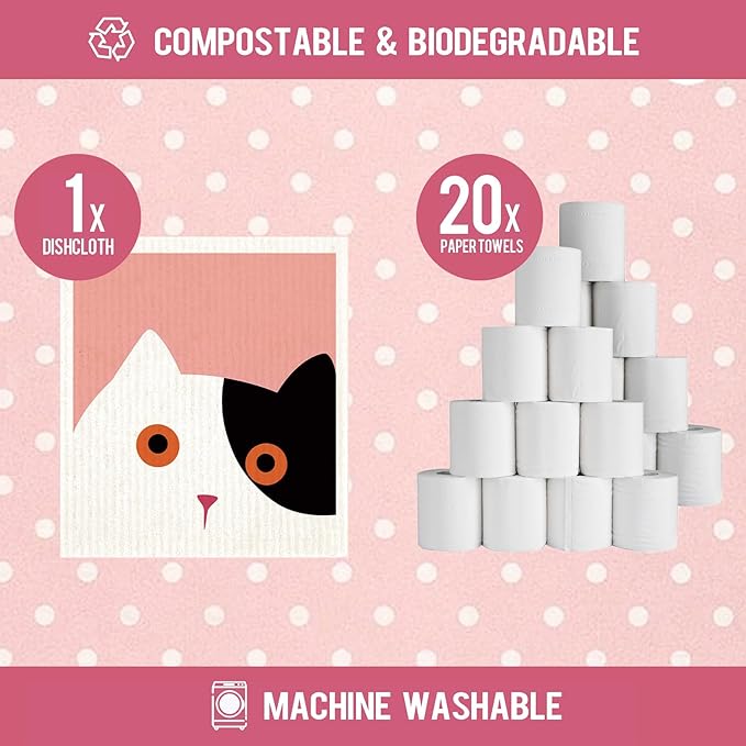 Cute Cat Swedish Dish Clothes Pack of 6, Reusable, Absorbent Hand Towels for Kitchen, Bathroom and Cleaning Counters Cellulose Sponge Cloth