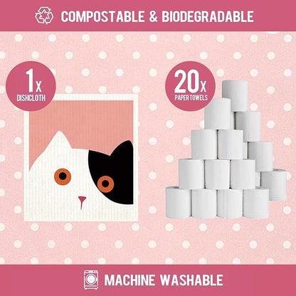 Cute Cat Swedish Dish Clothes Pack of 6, Reusable, Absorbent Hand Towels for Kitchen, Bathroom and Cleaning Counters Cellulose Sponge Cloth
