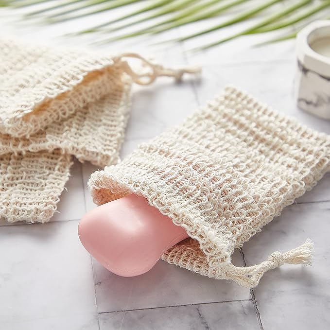 BBTO 5 Pieces Soap Saver Bag Cotton Linen Exfoliating Soap Pouch for Foaming and Drying, Shower, Scrubber(10 x 15 cm,Beige)