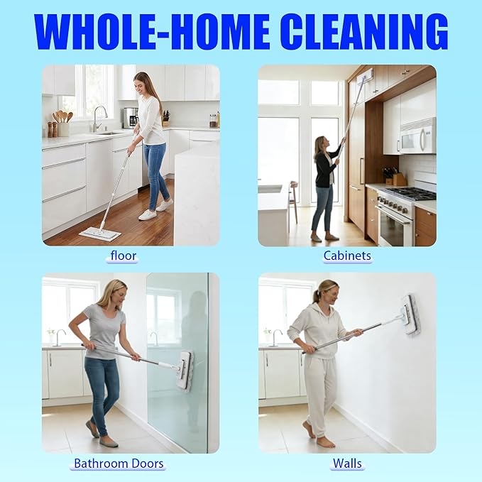 Upgrade Push Clamp Mop Kit - 2-in-1 Full Size Press Grip Lazy Sweeper Mop with Convenient Cloth Changing, Compatible with Swiffer Pads, Hardwood Tile Marble Floor Cleaning, 52in with10 Dry Cloths
