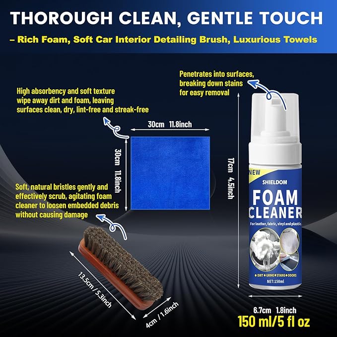 SHIELDOM Car Interior Cleaner Kit Multifunctional Car Seat Foam Cleaner Powerful Carpet Upholstery Stain Remover with Detailing Brush & Towel Safe for Cloth, Leather, Fabric, Vinyl & Plastic 5oz