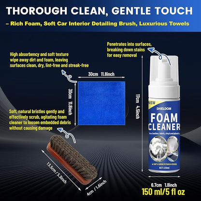 SHIELDOM Car Interior Cleaner Kit Multifunctional Car Seat Foam Cleaner Powerful Carpet Upholstery Stain Remover with Detailing Brush & Towel Safe for Cloth, Leather, Fabric, Vinyl & Plastic 5oz