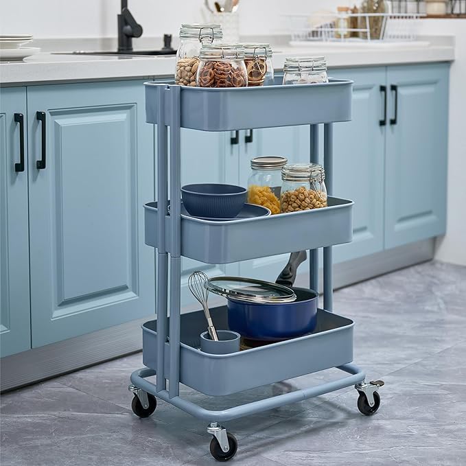 3 Tier Rolling Cart Metal Heavy Duty Utility Cart with Silent Caster Lockable Wheels Multi-Functional Organization Carts Storage Trolley with Mesh Shelves for Office Kitchen Living Room Blue