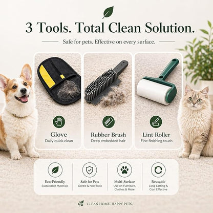 Pet Hair Remover Kit – 3 Piece Dog & Cat Hair Cleaning Set – Reusable Fur Removal Glove, Rubber Brush & Lint Roller – Removes Hair from Furniture, Couch, Carpet, Clothes & Car
