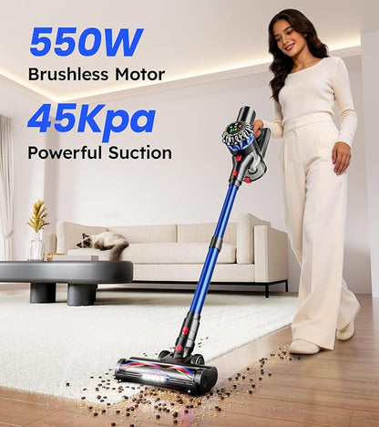 Cordless Vacuum Cleaner, 550W 45Kpa 65Mins Stick Vacuum with Self-Standing, Touch Screen, Anti-Tangle Rechargeable Wireless Vacuum, Vacuum Cleaners for Home/Pet Hair/Carpets/Hardwood Floor