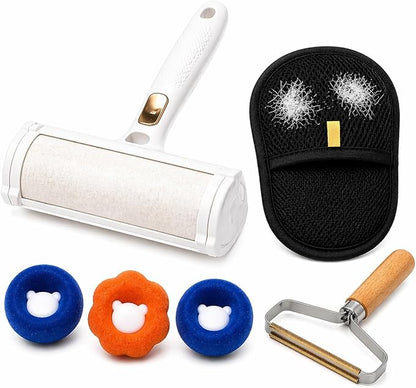 02") Pet Hair Remover Kit 4-in-1 for Dogs & Cats, Lint Roller, Grooming Glove, Pet Rake Brush & Laundry Hair Remover Balls, Reusable Cleaning Set for Furniture, Carpet &