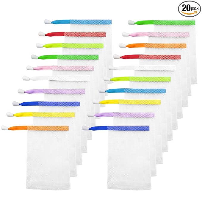 ELANE 20 Pcs Soap Mesh bag,Mesh Soap Bags for Soap Bars,Soap Exfoliating Saver Bag for Foaming and Drying,Hangable(Random colors)