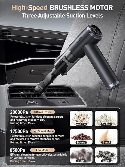 Mini Car Vacuum Portable Cordless, 20000PA Powerful Suction,7800mAh,High Power, LED Light, Dual Filter, Car Vacuum Cleaner & Air Duster for Home, Desk, PC, Keyboard