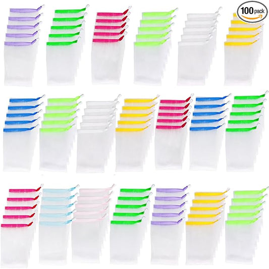 INVODA 100PCS Soap Net Bag 100 Pieces Double Layer Drawstring Mesh Soft Bath Soap Handmade Soap Net for Facial Body Exfoliation Cleaning Tool (Random Color)