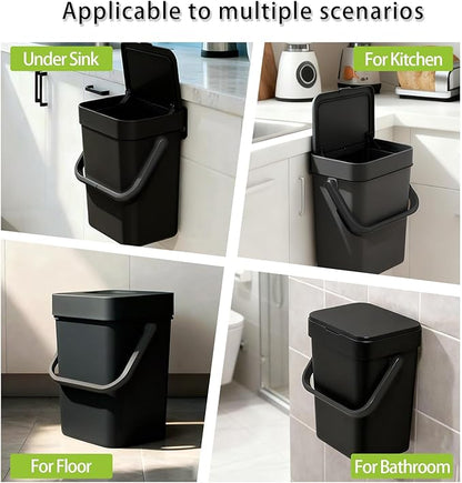 Compost Bin Kitchen, for use on Countertops or Under Sinks, Hanging Trash Can with Lid, Mountable Indoor Compost Bucket, for Cupboard/Bathroom/Bedroom/Office/Camping (Black 0.8 Gallon/3L)