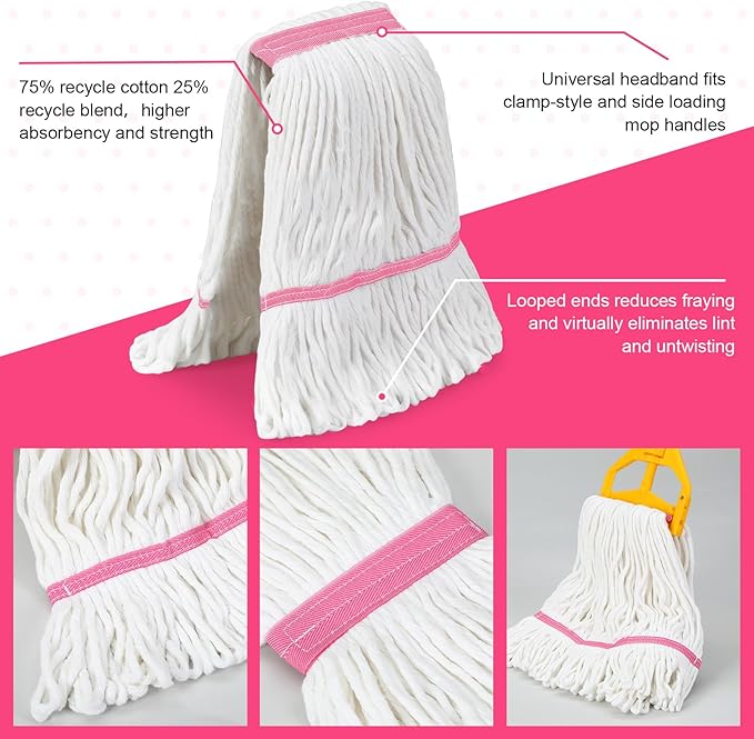 Eccliy 6 Pack Mop Heads Replacement Commercial Industrial Mop Heads Heavy Loop End Cotton String Heavy Duty Refills Wet Washable Refills for Home General Floor Cleaning (White,Pink)