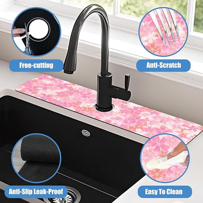 Sink Faucet Absorbing Mat Cherry Spring Flower Sink Splash Guard Drying Mat for Kitchen Bathroom Faucet Sinkmat 23.5"X5.5"