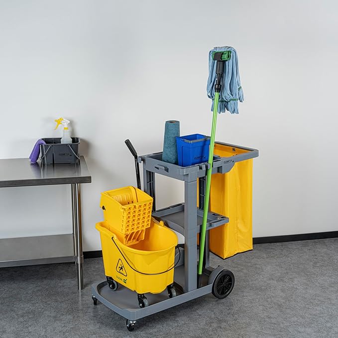 Restaurantware-Clean Tek Professional Janitor Cart with Wheels, 1 Cleaning Trolley with 18 Gallon Bag - 3 Shelves, Heavy-Duty, Gray Plastic Commercial Janitorial Cart, for Restaurants