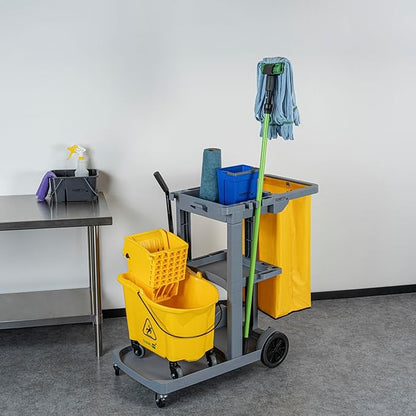 Restaurantware-Clean Tek Professional Janitor Cart with Wheels, 1 Cleaning Trolley with 18 Gallon Bag - 3 Shelves, Heavy-Duty, Gray Plastic Commercial Janitorial Cart, for Restaurants