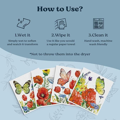 Swedish Dishcloths for Kitchen, Butterfly Floral Summer Dish Rags Kitchen Dish Towels for Washing Dishes, 4 Pack Reusable Paper Towels, Sponge Cloths for Home Cleaning Baking Cooking