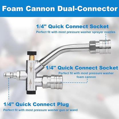 DUSICHIN Short Wand Pressure Washer Gun Foam Cannon 1/4" Quick Connector Pressure Washer Accessory,Car Wash Foam Gun Dual Ended Shift Connector 5 Pressure Washer Nozzles M22-14, M22-15 Brass Fittings
