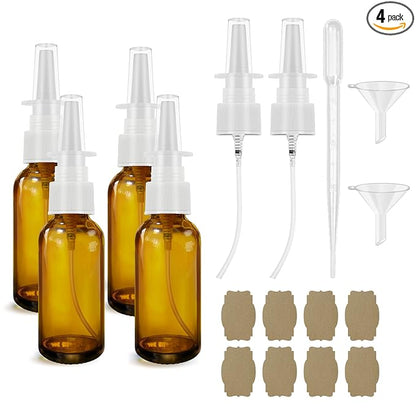GIVAMEIHF Nasal Spray Bottle 4Pcs 1oz (30ml) with Press Spray Head Refillable Portable Fine Mist, 2 Funnel, 1 Dropper,Labels,Glass Nose Spray Bottle Empty