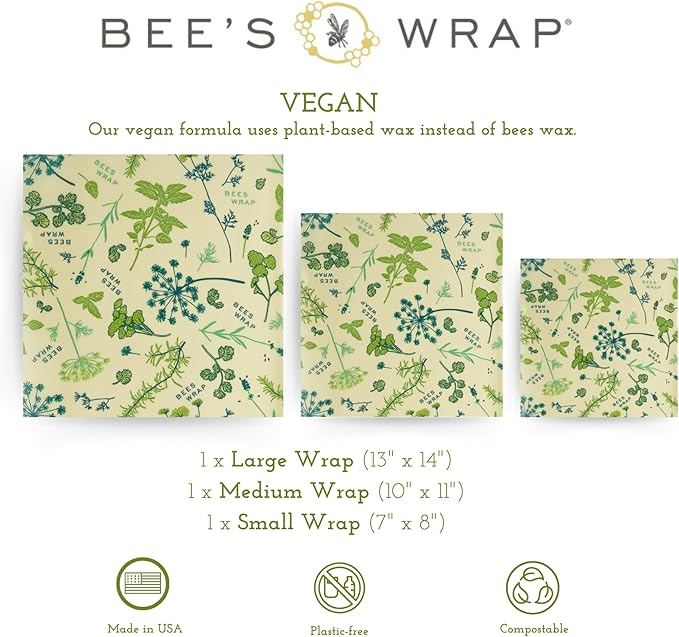 Bee's Wrap Vegan Beeswax Wraps for Food - 3 Pack of Assorted Beeswax Wraps - Small, Medium & Large Wrap - Plastic Free Made in USA Reusable Natural Food Wrap - Herb Garden Print