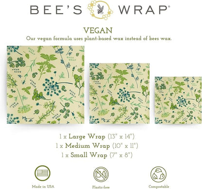 Bee's Wrap Vegan Beeswax Wraps for Food - 3 Pack of Assorted Beeswax Wraps - Small, Medium & Large Wrap - Plastic Free Made in USA Reusable Natural Food Wrap - Herb Garden Print