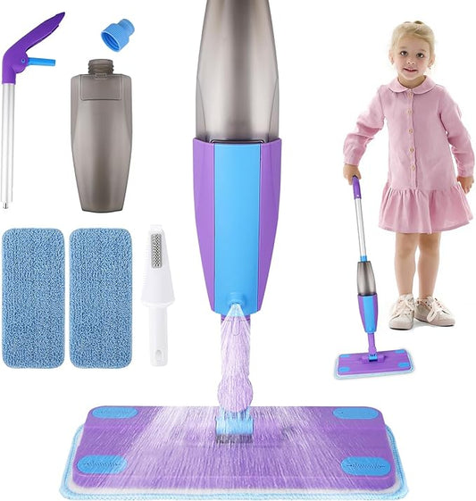 Kids Spray Mop, Real Working Toddler Cleaning Set with Water Sprayer & 2 Washable Mop Pads & Scraper, Pretend Play Montessori Housekeeping Toys Gifts for Toddlers Kids Girls Boys (Blue&Purple)